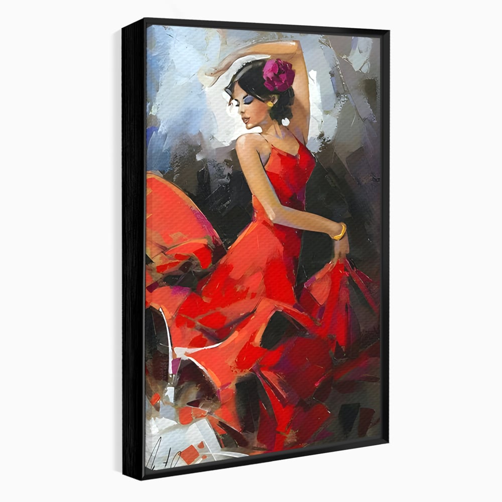 Tablou canvas cu tablou canvas cu dansatoare in rochie rosie, in rama de aluminiu negru